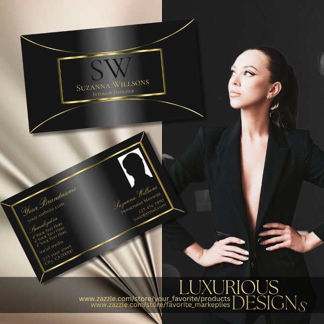 Luxurious Black Gold Decor with Monogram and Photo Business Card (Creator Uploaded)