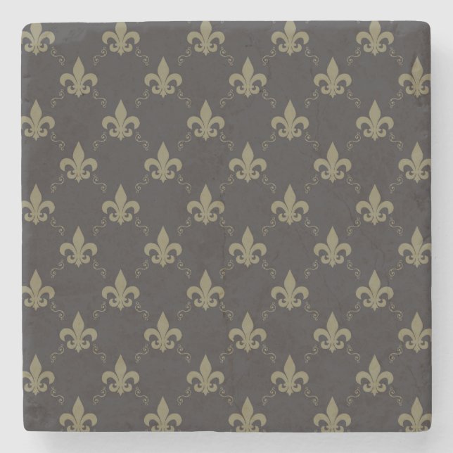 Luxurious Black Gold Fleur De Lis Pattern Stone Coaster (Front)