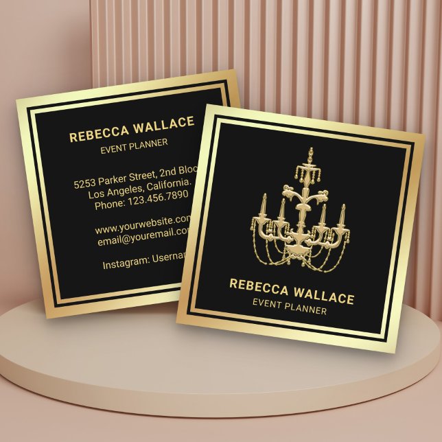 Luxurious Black Gold Foil Chandelier Event Planner Square Business Card (Creator Uploaded)