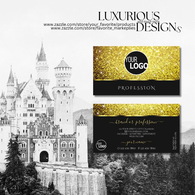 Luxurious Black Gold Glitter Spark Stars add Logo Business Card (Creator Uploaded)