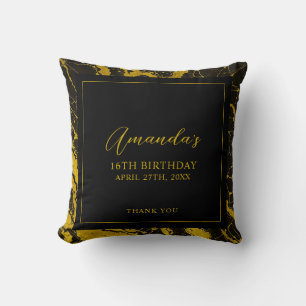 Luxurious Black & Gold Marble Sweet 16 Birthday Cushion
