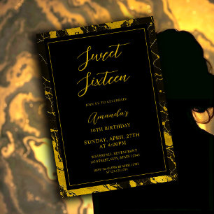 Luxurious Black & Gold Marble Sweet 16 Birthday Invitation