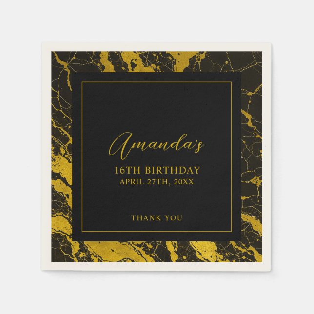 Luxurious Black & Gold Marble Sweet 16 Birthday Napkin (Front)