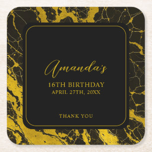 Luxurious Black & Gold Marble Sweet 16 Birthday Square Paper Coaster