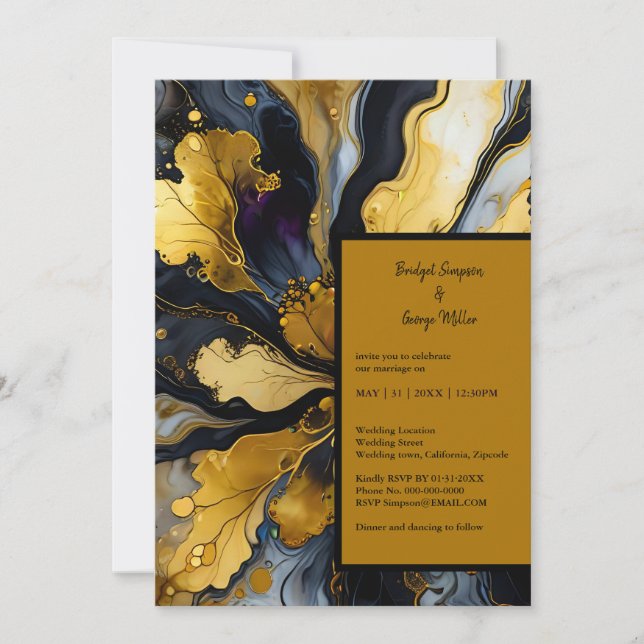 luxurious black gold marble wedding invitation (Front)