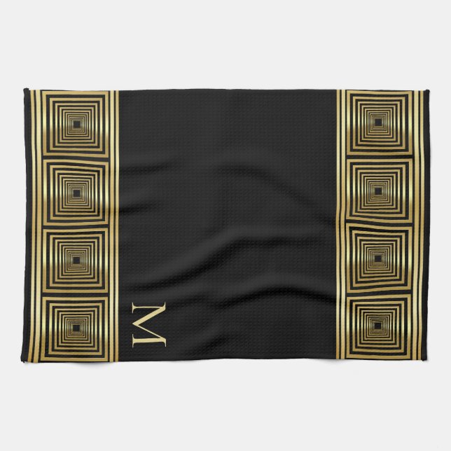 Luxurious black gold monogram chef tea towel (Horizontal)