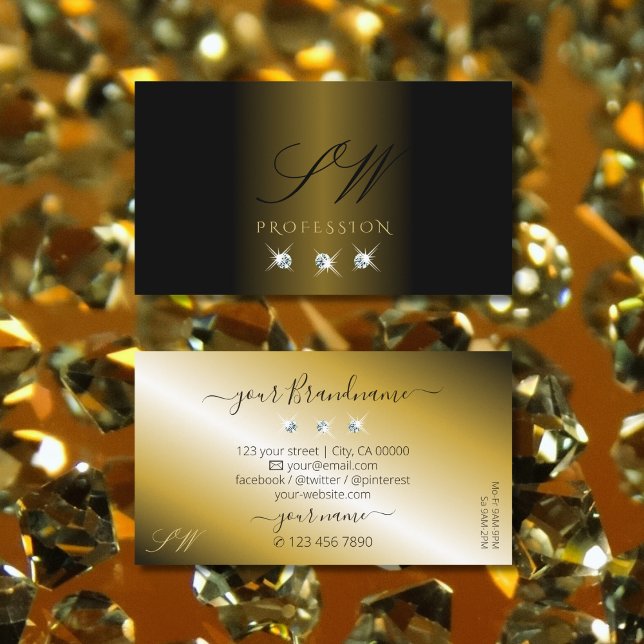 Luxurious Black Gold Sparkling Diamonds Monogram Business Card (Creator Uploaded)