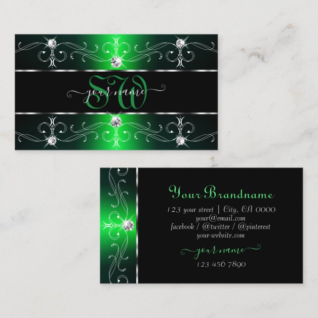 Luxurious Black Green Ornate Borders Monogram Business Card (Front/Back)