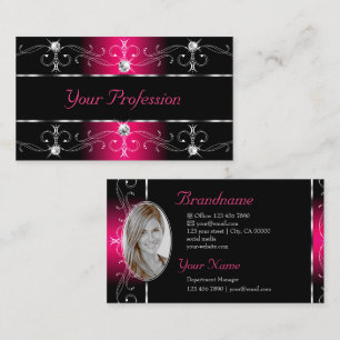 Luxurious Black Hot Pink Ornate Borders with Photo Business Card