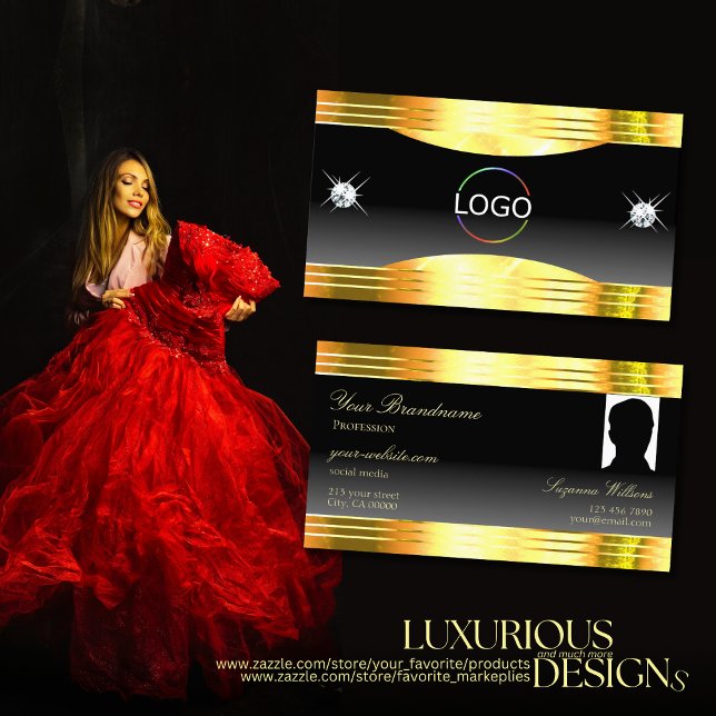 Luxurious Black Ombre Gold Borders Logo and Photo Business Card (Creator Uploaded)