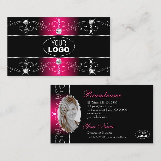 Luxurious Black Pink Ornate Borders Logo and Photo Business Card (Front/Back)