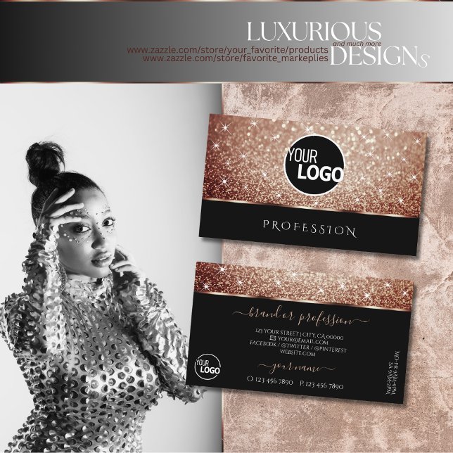 Luxurious Black Rose Gold Glitter Stars add Logo Business Card (Creator Uploaded)
