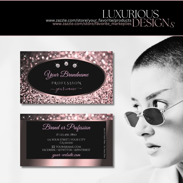 Luxurious Black Rose Gold Sparkle Glitter Diamonds Business Card (Creator Uploaded)