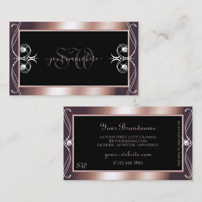Luxurious Black Rose Gold Sparkle Jewels Monogram Business Card (Front/Back)