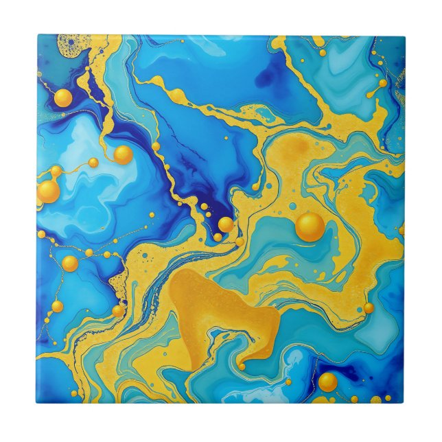 Luxurious Blue and Gold Alcohol Ink Abstract  Ceramic Tile (Front)