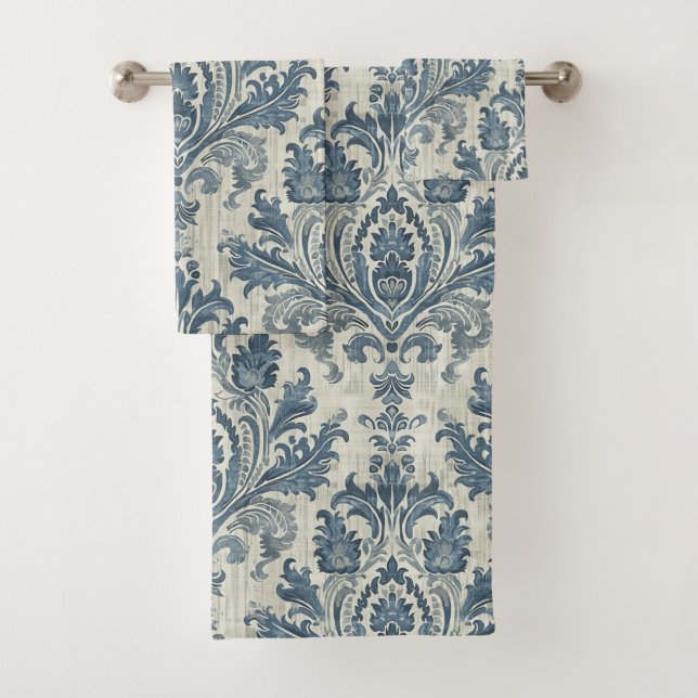 Luxurious Blue Damask on Cream Background Bath Towel Set (Insitu)
