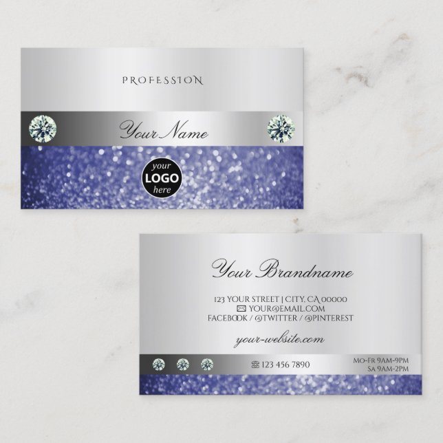 Luxurious Blue Glitter with Logo Shimmery Silver Business Card (Front/Back)