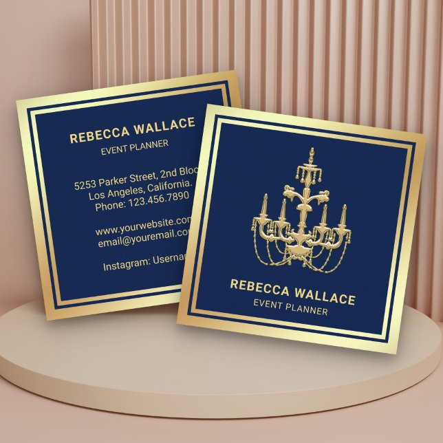 Luxurious Blue Gold Foil Chandelier Event Planner Square Business Card (Creator Uploaded)