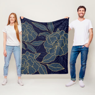 Luxurious Blue Navy Gold Flower Fleece Blanket