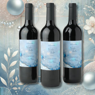 Luxurious Blue Watercolor Abstract Pearlescent Wine Label