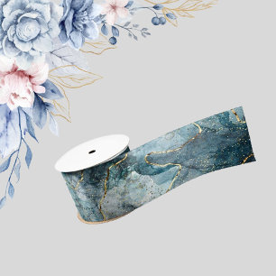 Luxurious Blues, White & Gold Metallic Silk Ribbon Satin Ribbon
