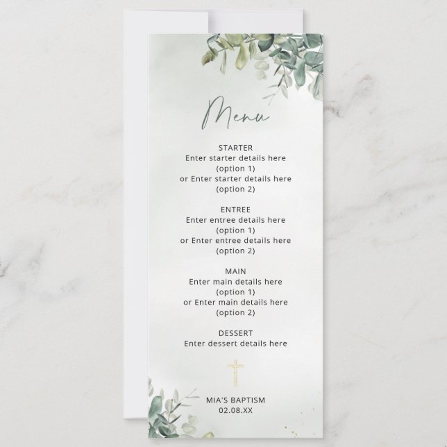 Luxurious Botanical Baptism Menu Card (Front)