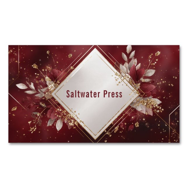 Luxurious Botanical Gold Leaf Burgundy Magnetic Business Card (Front)