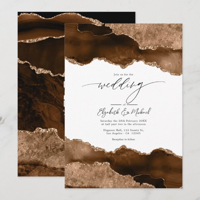 Luxurious Brown & Gold Agate Wedding QR Code Rsvp  Invitation (Front/Back)