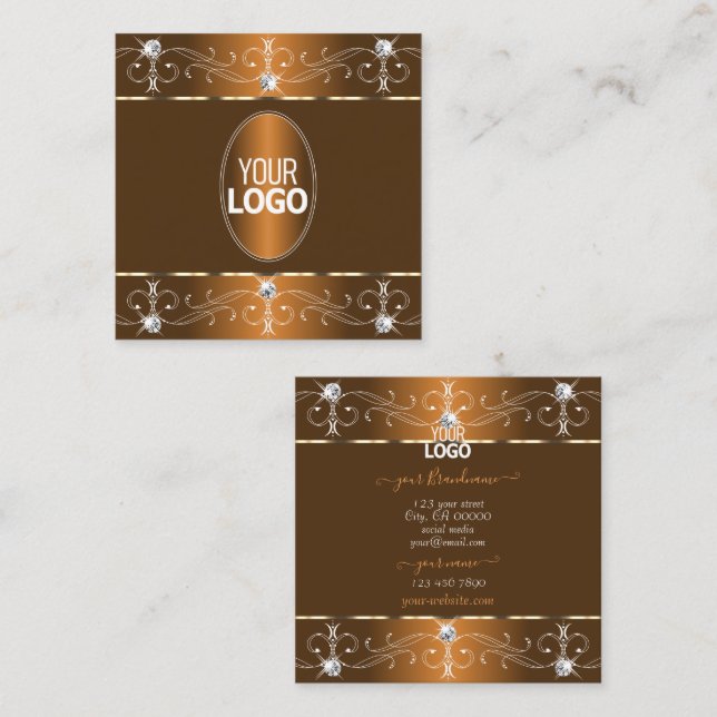Luxurious Brown Orange Ornate Ornaments with Logo Square Business Card (Front/Back)