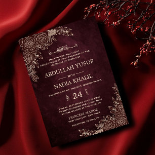 Luxurious Burgundy Floral Gold Islamic Wedding Invitation