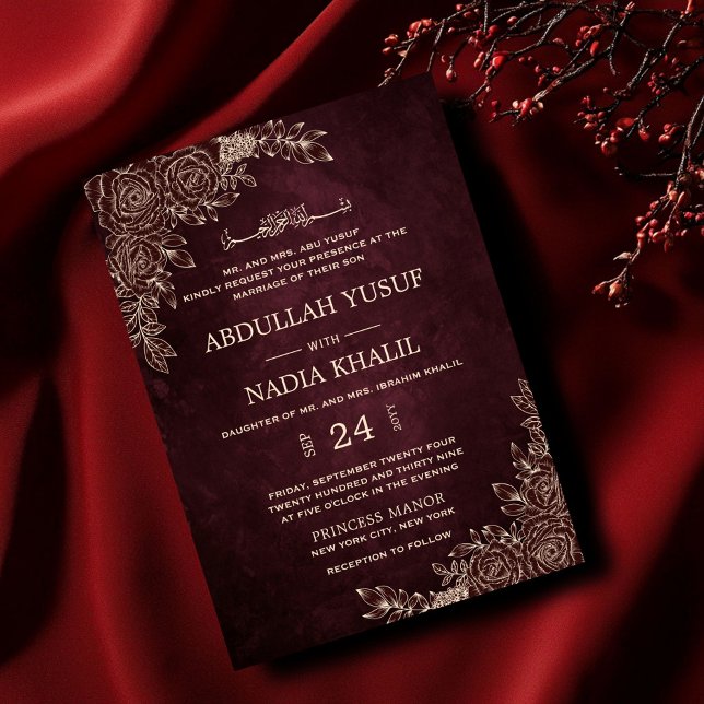 Luxurious Burgundy Floral Gold Islamic Wedding Invitation (Creator Uploaded)
