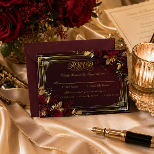 Luxurious Burgundy Gold Rose Wedding RSVP Card