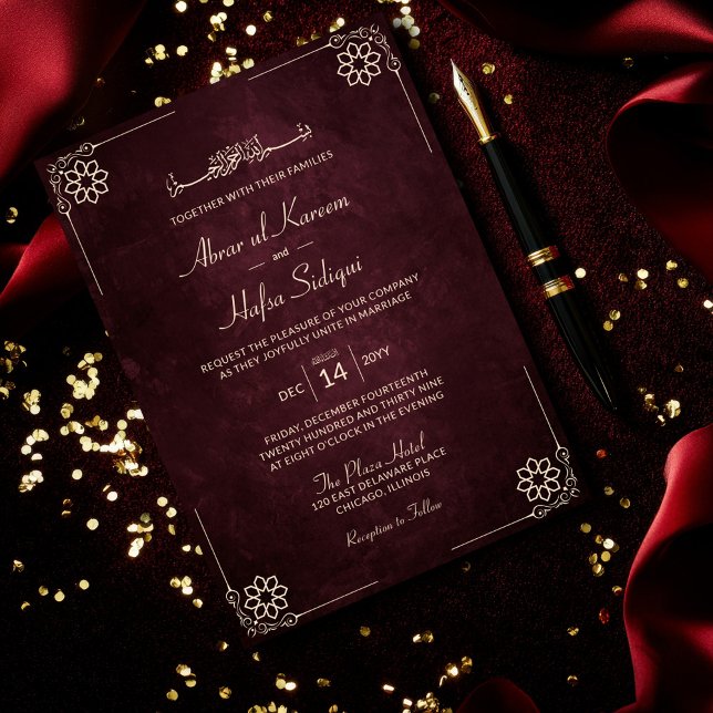 Luxurious Burgundy Vintage Gold Islamic Wedding Invitation (Creator Uploaded)