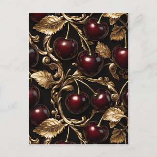 Luxurious Cherry and Gold Baroque Seamless Pattern Postcard