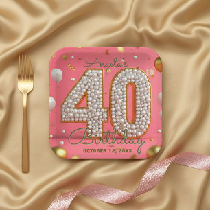 Luxurious Chic Pink Gold and Pearls 40th Birthday Paper Plate