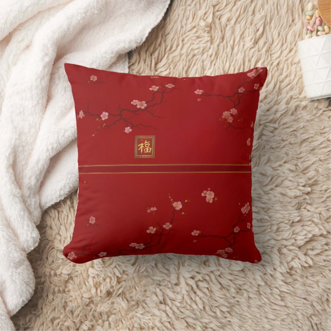 Luxurious Chinese Red Cherry Blossom New Year Cushion (Blanket)