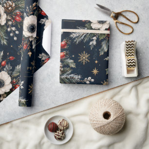 LUXURIOUS Christmas Botanical Floral Navy Gold Wra Wrapping Paper