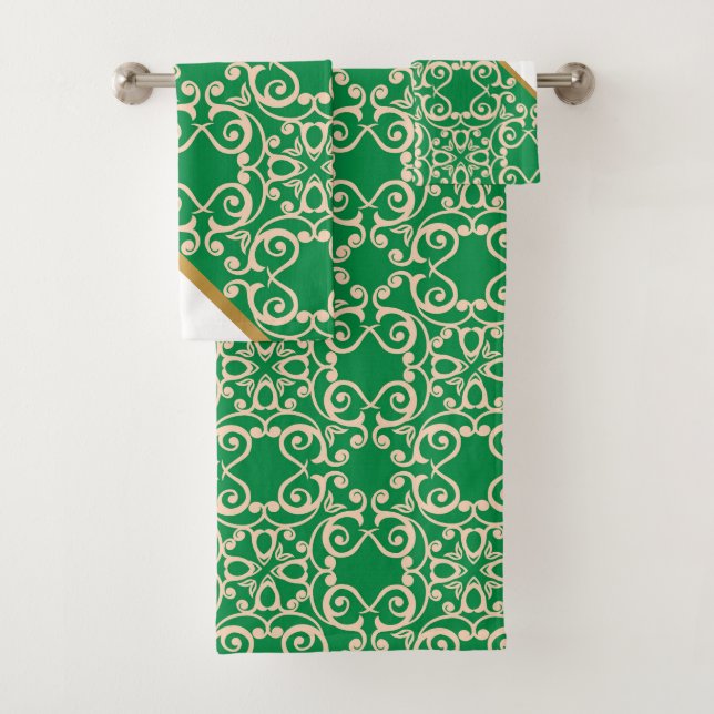 LUXURIOUS CLASSIC GREEN PATTERN BATHROOM TOWEL SET (Insitu)