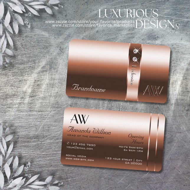 Luxurious Copper Blush Shiny Diamonds and Initials Business Card (Creator Uploaded)