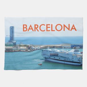 Luxurious cruise ship leaving Barcelona harbour Tea Towel