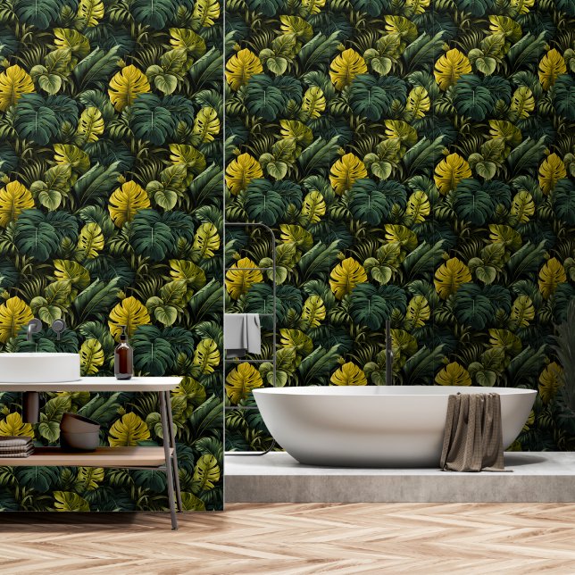 Luxurious Dark Green Tropical Leaves Wallpaper (Bathroom)