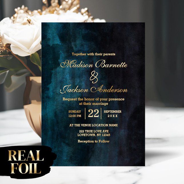 Luxurious Dark Moody Watercolor Wedding Real Gold (Make your special day unforgettable with this luxurious wedding invitation featuring real foil)