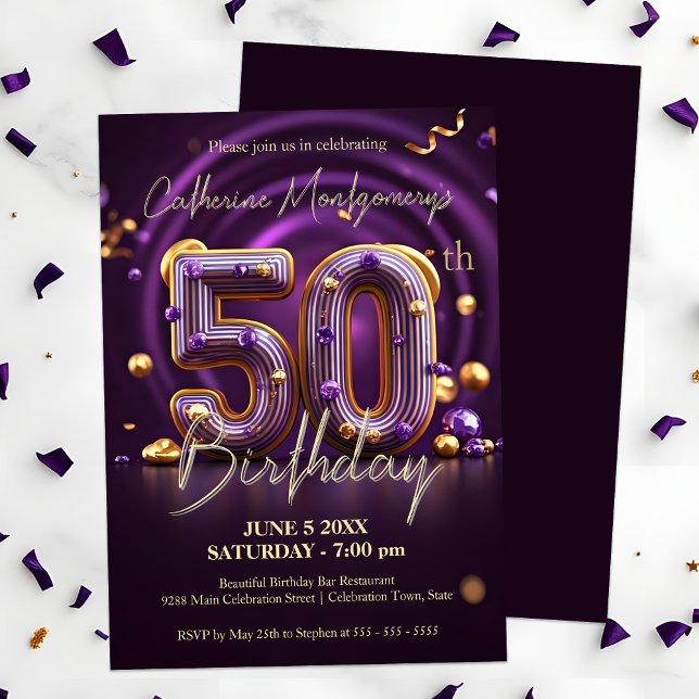 Luxurious Dark Purple and Gold 50th Birthday Invitation (Creator Uploaded)