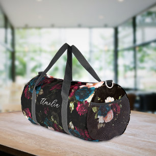 Luxurious Dark Turquoise Red Floral Bloom Duffle Bag