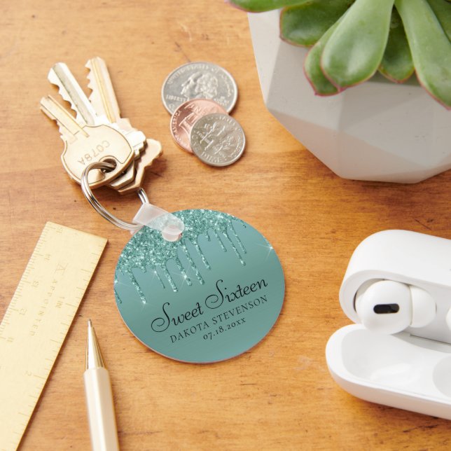 Luxurious Drip Sweet 16 | Glitter Pour Script Key Ring (Desk)