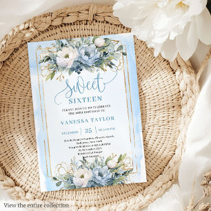 Luxurious Dusty Blue White Gold Flowers Sweet 16  Invitation