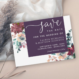 Luxurious Eggplant Purple Floral Save the Date