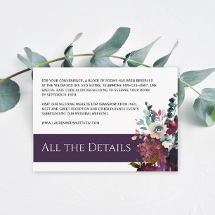 Luxurious Eggplant Purple Floral Wedding Details Enclosure Card