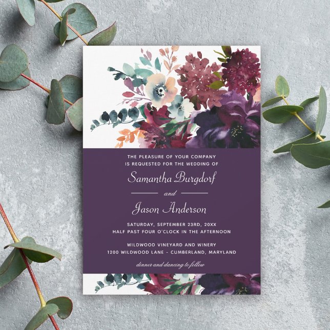 Luxurious Eggplant Purple Floral Wedding Invitation (Available in both printed and instant download digital formats.)