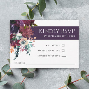 Luxurious Eggplant Purple Floral Wedding RSVP Card
